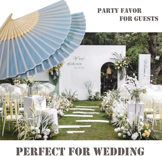 Personalized Engraved Silk Fans Folding Hand Fans 10 Pcs, Light Blue Summer Wedding Fans, Custom Imitated Silk-Bamboo Fans for Guests Wedding Party Favor Bridal Shower Gifts Party Decoration