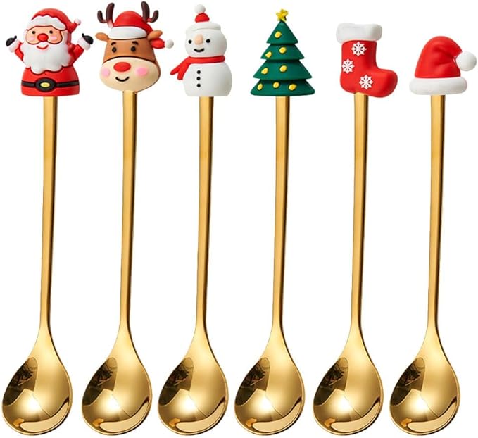 Cabilock 6Pcs Christmas Coffee Spoons, Stainless Steel Stirring Spoons for Tea Coffee Ice Cream Dessert, Gold Decorative Christmas Teaspoon for Xmas Holiday Party Favors