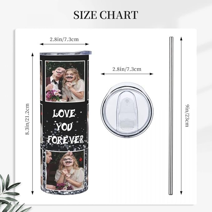 Personalized Custom tumbler Coffee Mug with Lid and Straw Hot and Cold Stainless Steel Vacuum Insulated Travel Mug with Photo Personalized tumbler Gift (20 oz, Cylinder, 8 photos)