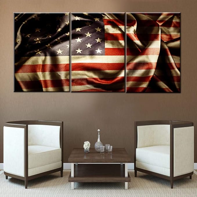 Patriotic Pictures Native American Flag Painting Thin Blue Red Line Artwork 3 Panel Canvas Wall Art for Living Room Home Modern Decor Giclee Wooden Framed Ready to Hang Posters and Prints(48''Wx24''H)