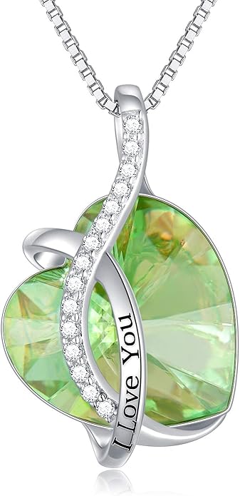 AOBOCO I Love You Sterling Silver 12 Birthstone Heart Pendant Necklace Embellished with Crystals from Austria, Mother's Day Anniversary Birthday Jewelry Christmas Gifts for Women Grandma Nana