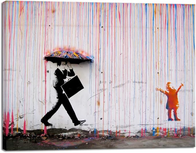 Wieco Art Banksy Raining Day or Colorful Graffiti Street Famous Canvas Paintings Wall Art Modern Inspirational Grey Love Pictures Print Artwork for Dining Room Kitchen Home Office Decor