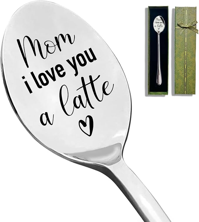 I Love You Mom Coffee Spoons - Stainless Steel Dessert Spoon, Tea Cafe Espresso Coffee Lovers Gift for Her, Mom Birthday Gift Spoons