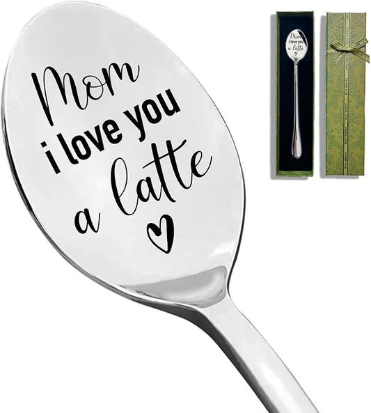 I Love You Mom Coffee Spoons - Stainless Steel Dessert Spoon, Tea Cafe Espresso Coffee Lovers Gift for Her, Mom Birthday Gift Spoons