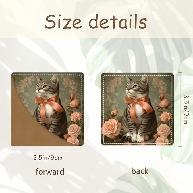 2PCS Leather Bookmarks 3.54 x 3.54 Inch Vintage Cat with Bow and Roses Design Reading Accessories for Books Journals Bibles Travel Diary Students Teachers and Book Lovers Gift