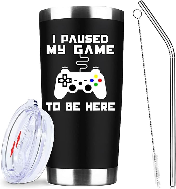 ATHAND I Paused My Game to Be Here Gaming Mug,20 Oz Funny Stainless Steel Insulated Iced Coffee Tumbler with Lid and Straw,Gamer Gifts for Men,Boys,Dad,Husband Uncle Brother Kids Teens Boyfriends