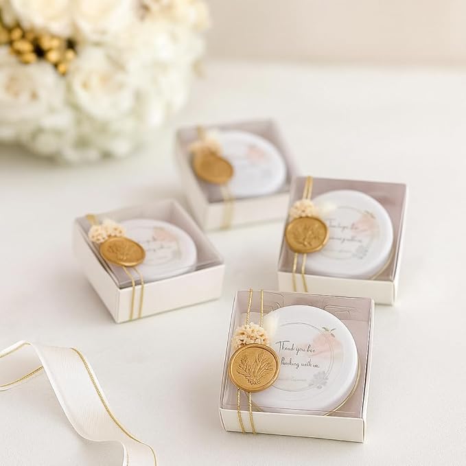 Wedding Candle Favor Set with Gift Box – Personalized Soy Wax Candles with Gold Seal & Gold String, Dried Flowers