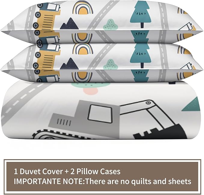 Cartoon Excavator Bulldozer Bedding Set Queen Size Construction Vehicles Duvet Cover Road Forest Comforter Cover Kids Engineerin Bed Set with Zipper Ties for Bedroom