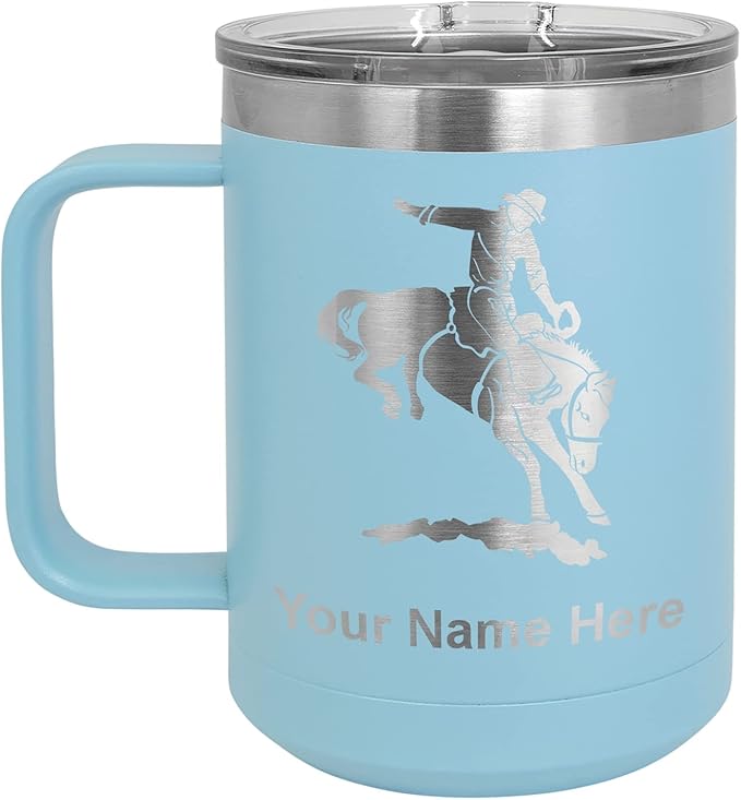 LaserGram 15oz Vacuum Insulated Coffee Mug, Bronco Rider, Personalized Engraving Included (Light Blue)