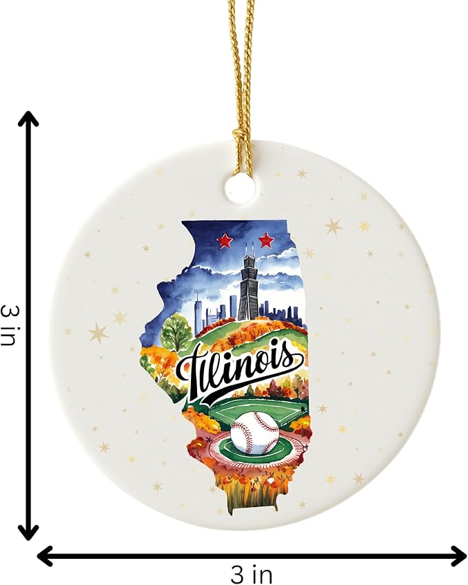 USA State Landmark Ceramic Ornament – Round Glossy Christmas Decoration Featuring U.S. State Art, Landmarks & Holiday Scenery – Collectible Travel Souvenir Ornament Series (Illinois)