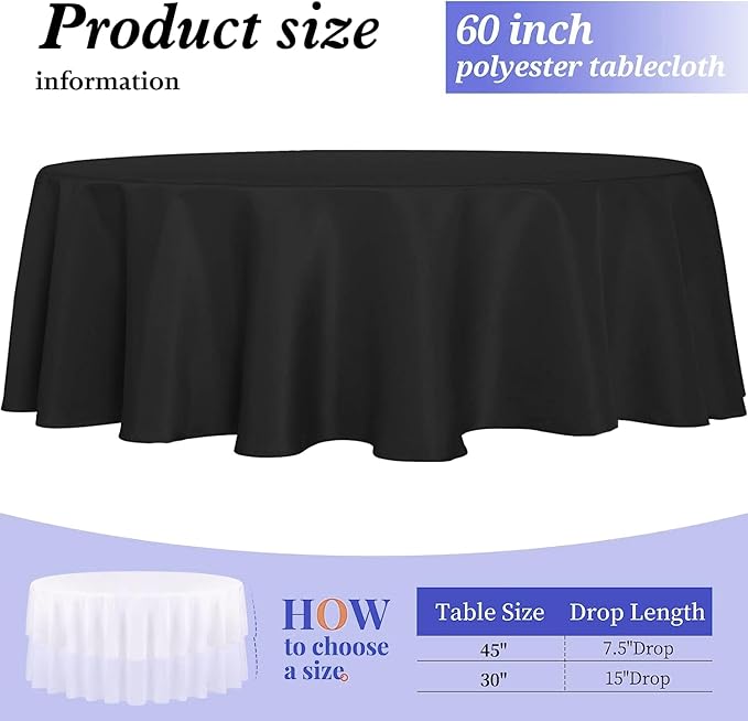 6 Pack Black 60 Inch Round Tablecloths for 6 Foot Rectangle Tables. Stain and Winkle Resistant Polyester Washable Table Cloths for Parties Wedding Dining