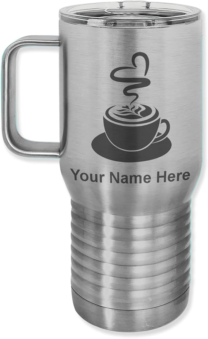 LaserGram 20oz Vacuum Insulated Travel Mug with Handle, Cup of Coffee, Personalized Engraving Included (Stainless Steel)
