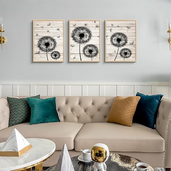 Framed Wall Art For Bedroom Wall Decor For Living Room Fashion Abstract Paintings Office Decor Black Dandelion Flowers Hang a Pictures Artwork Kitchen Home Decoration 3 Piece (Natural Wood Framed)
