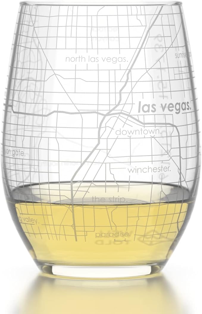 Well Told Engraved Las Vegas Nevada Map Stemless Wine Glass, Etched Glass (15 oz, Clear) City Custom Gifts for Lovers
