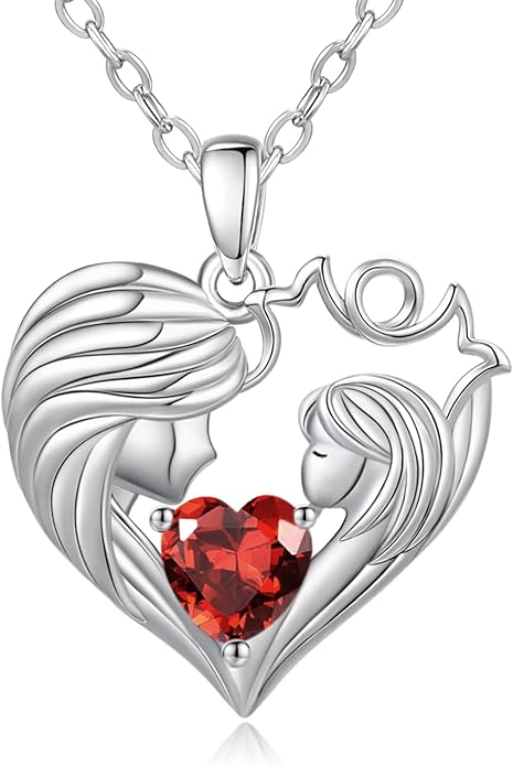 Mother and Daughter/Son Love Heart Necklace White Gold/14K Gold/Rose Gold Birthstone Jewelry Christmas Mothers Day Birthday Gifts For Mom Wife Grandma Women