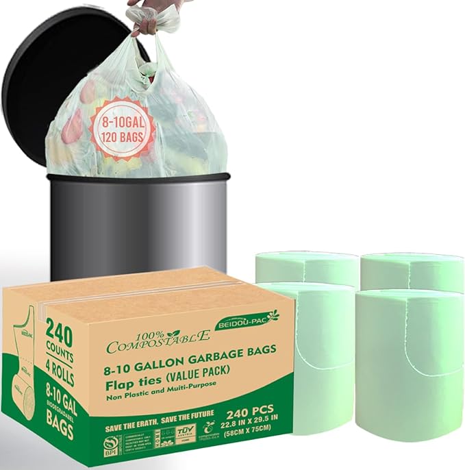 BEIDOU-PAC 8-10 Gallon Flap Tie Compostable Trash Bags, 240 Count, Compost Bags Kitchen Trash Bags, Sturdy Biodegradable Garbage Bags Food Scrap Waste Bags, ASTM D6400, US BPI Certified, Green