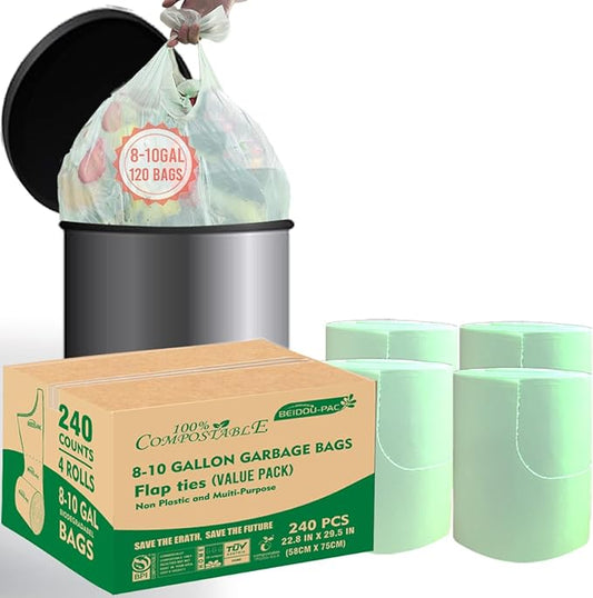 BEIDOU-PAC 8-10 Gallon Flap Tie Compostable Trash Bags, 240 Count, Compost Bags Kitchen Trash Bags, Sturdy Biodegradable Garbage Bags Food Scrap Waste Bags, ASTM D6400, US BPI Certified, Green