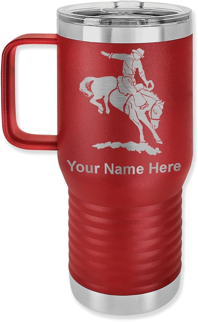 LaserGram 20oz Vacuum Insulated Travel Mug with Handle, Bronco Rider, Personalized Engraving Included (Maroon)