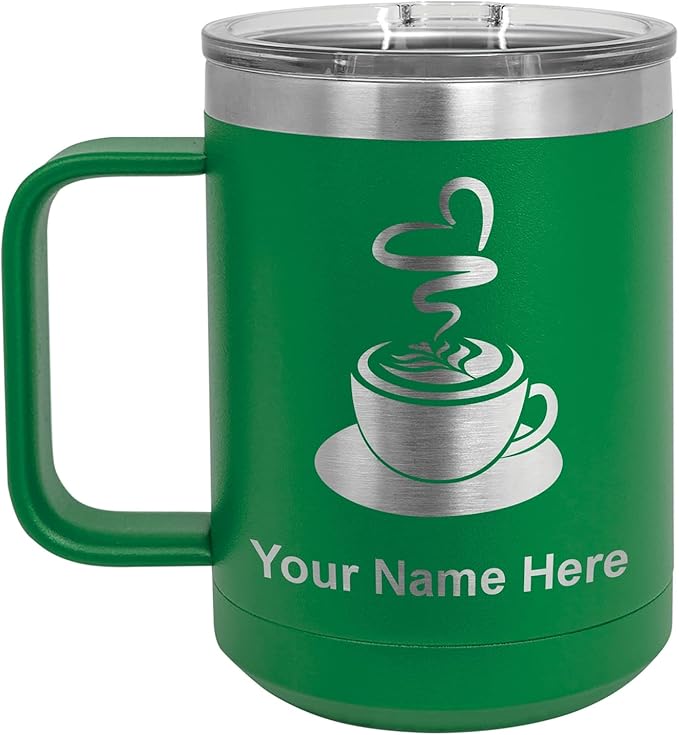 LaserGram 15oz Vacuum Insulated Coffee Mug, Cup of Coffee, Personalized Engraving Included (Green)