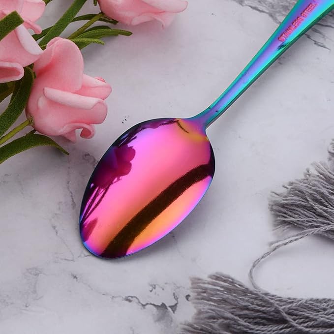 Rainbow Unique Pattern Design Coffee Espresso Spoons Mini, Mingcheng Stainless Steel Small Teaspoons Silverware Set of 12, BISDARUN 5.5 Inches Food Spoons for Demitasse Dessert Tea