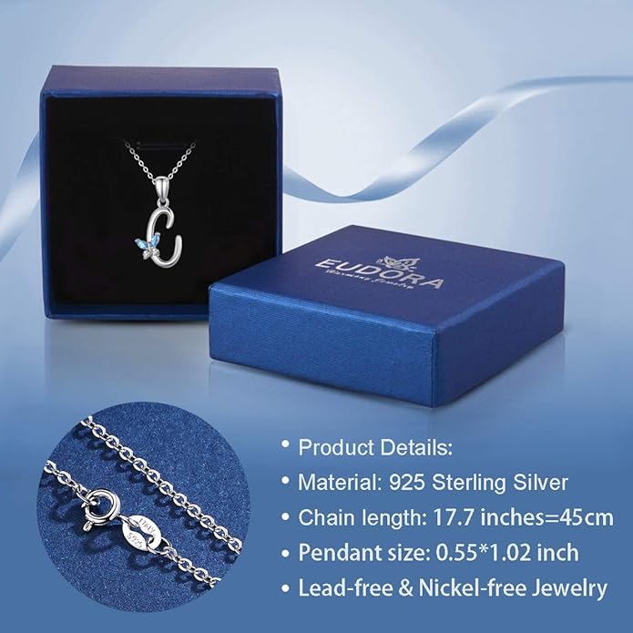 EUDORA Sterling Silver Butterfly Initial Necklaces for Women, Elegant Letter Neckles Personalized Gift for Mother, Sister, Daughter, 18 inch Chai