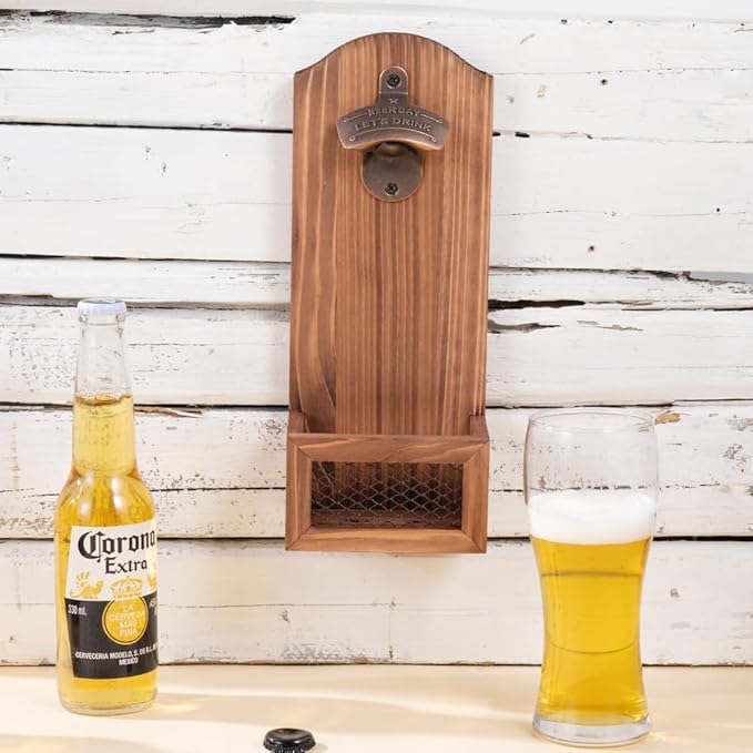 Bottle Opener with Cap Collector Catcher,Vintage Wooden Wall Mounted Bottle Opener，Ideal Gift for Men and Beer Lovers, Use as Bar Decoration (Beer Day)