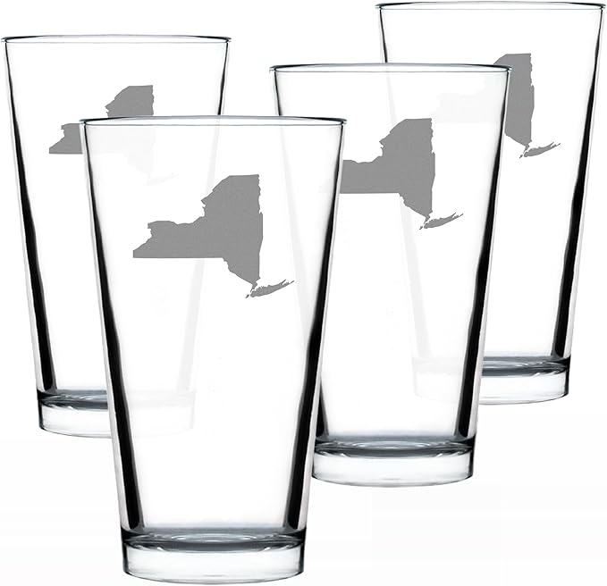 Bevvee New York State Outline Pint Glass for Beer - State Themed Drinking Decor and Gifts for New Yorker Women & Men - Set of 4-16 Oz Glasses