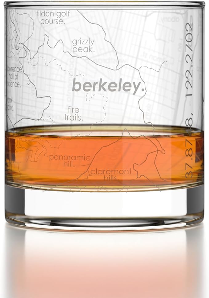 Well Told Engraved Berkeley California Map Rocks Glass, Old Fashioned Glassware (11 oz, Clear) Etched Bourbon Tumbler, Gifts For Whiskey Lovers
