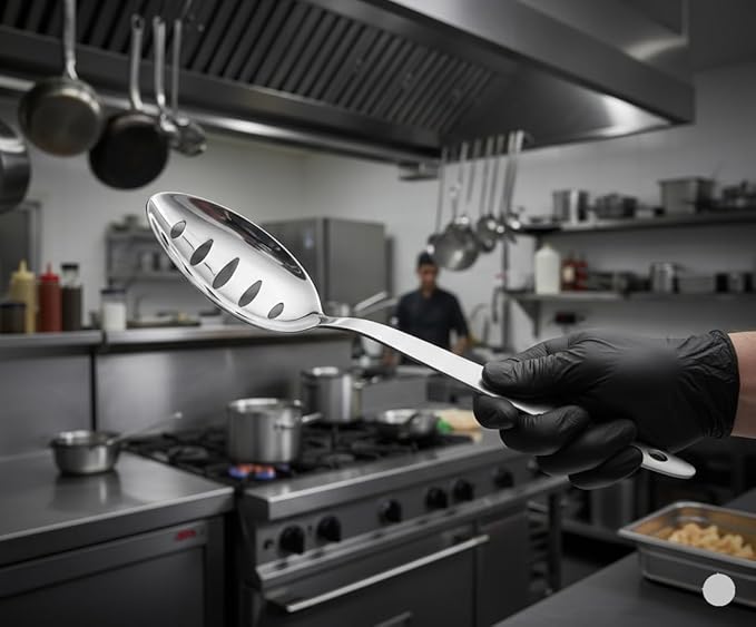 Chef Kunz Slotted Spoon | 18/10 Stainless Steel Serving Sauce Spoon | 9 Inches Plating Daily Chef Cooking Spoons (Slotted)