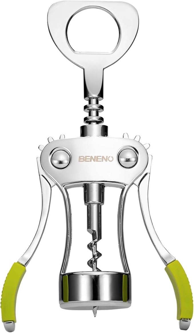 Beneno Wine Opener, Zinc Alloy Premium Wing Corkscrew with Multifunctional Bottles Opener, Sharp Wine Corkscrew with Ergonomic Non-Slip Wing Handle, Green