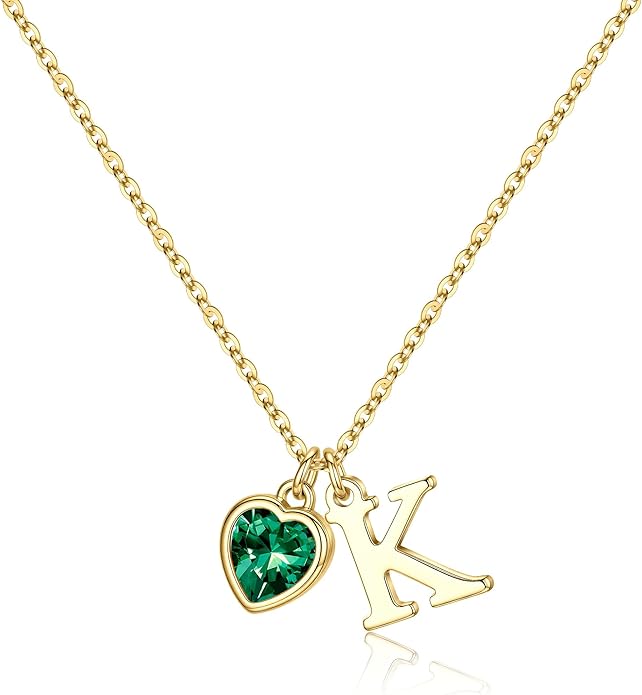 Turandoss Valentines Day Gifts for Her Trendy, Dainty 14K Gold Plated Initial A-Z Heart Birthstone Pendant Necklace Personalized Bridesmaid Birthday Valentines Jewelry Gifts for Women Girls