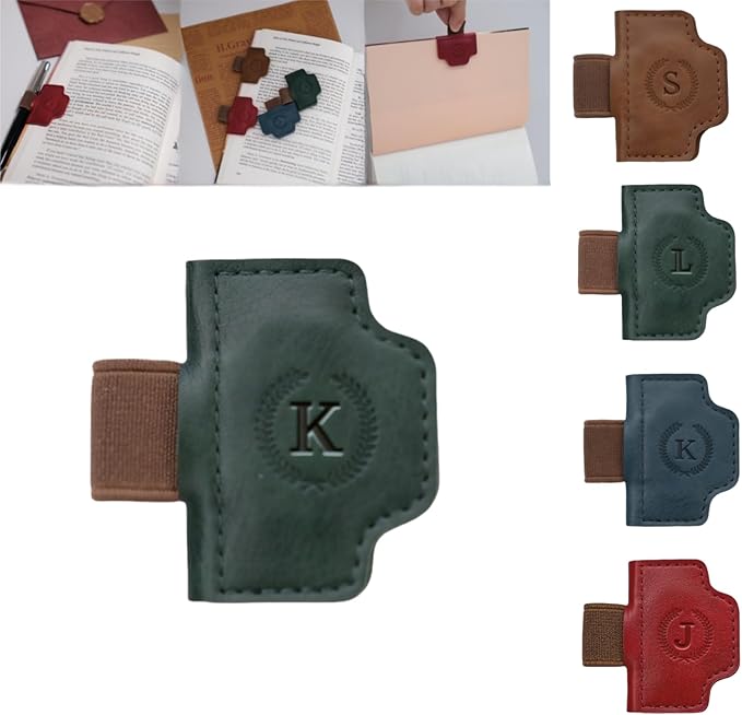 Personalized Magnetic Bygone Mark Bookmark with Pen Holder, 26 Letters Name Initial Custom Leather Book Mark for Women, Gifts for Book Lovers and Readers (Green,K)