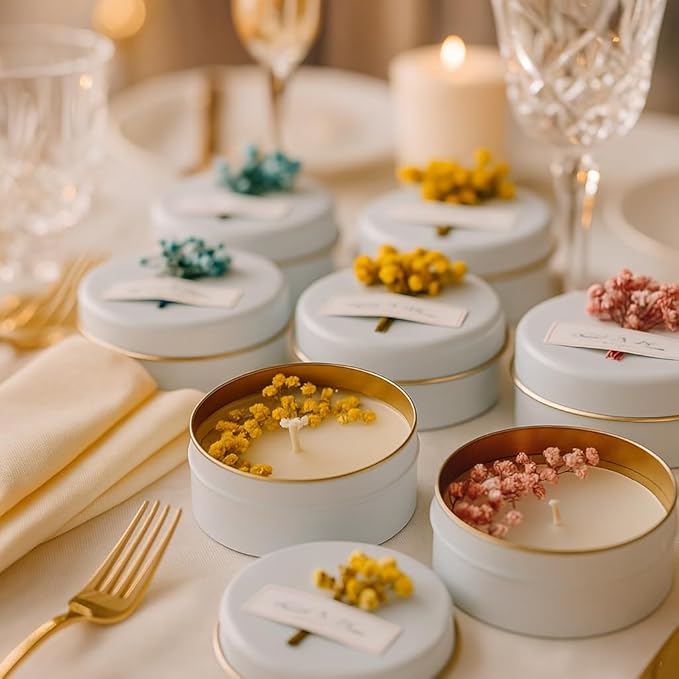 Personalized Natural Soy Wax Wedding Favor Candle Gift Set for Guest - Fall Winter Christmas Custom Dried Flower Bridal Baby Shower Gifts in Bulk (Yellow Flower, 60 Pieces)