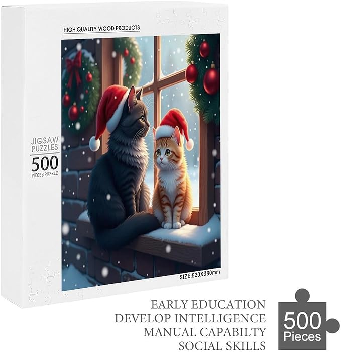 Jigsaw Puzzles for Adults 500 Piece - Christmas Black Cat Wooden Puzzles, Challenge Puzzles Puzzle Games, Stress Relief Games, Funny Puzzles