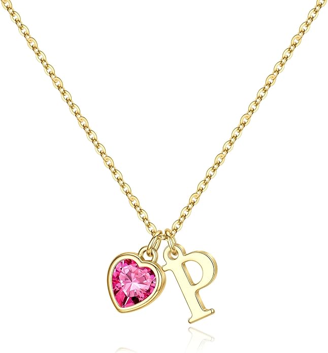 Turandoss Valentines Day Gifts for Her Trendy, Dainty 14K Gold Plated Initial A-Z Heart Birthstone Pendant Necklace Personalized Bridesmaid Birthday Valentines Jewelry Gifts for Women Girls