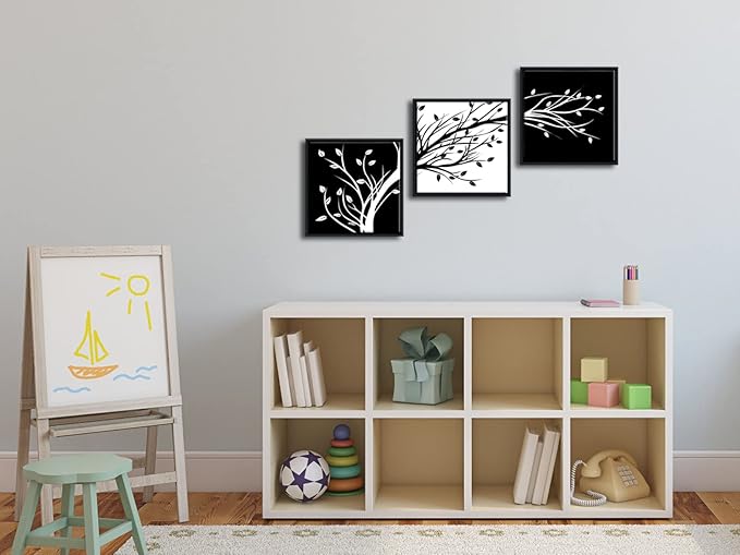 Wieco Art Framed Leaves Modern 3 Panels Flowers Artwork Canvas Prints Black and White Abstract Floral Trees Pictures Paintings on Canvas Wall Art for Living Room Home Decorations