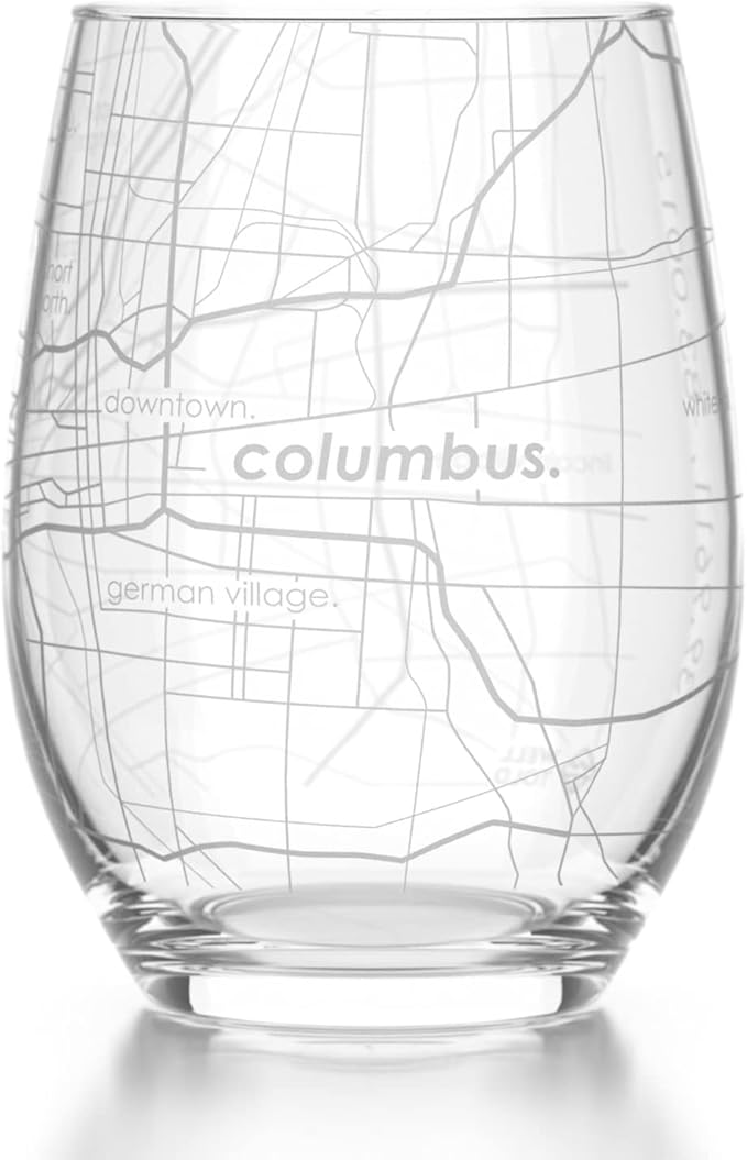 Well Told Engraved Columbus Ohio Map Stemless Wine Glass, Etched Glass (15 oz, Clear) City Custom Gifts for Lovers