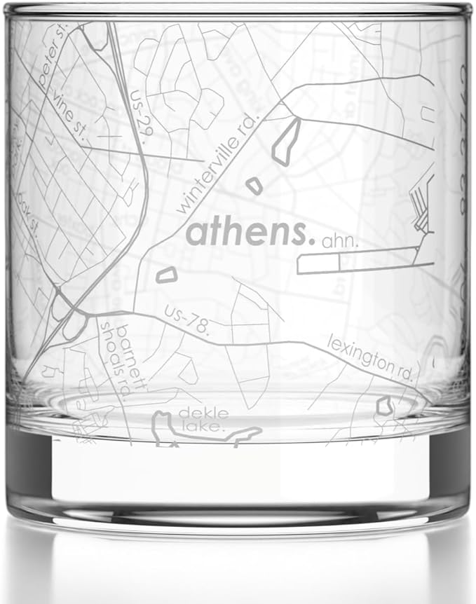 Well Told Engraved Athens Georgia Map Rocks Glass, Old Fashioned Glassware (11 oz, Clear) Etched Bourbon Tumbler, Gifts For Whiskey Lovers