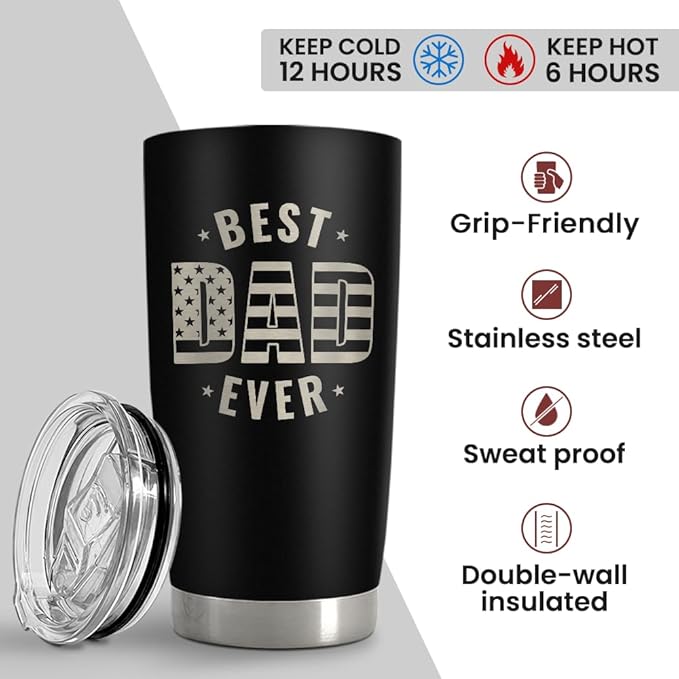 SANDJEST Best Dad Ever Tumbler with Lid - Dad Nutrition Facts 20oz Insulated Stainless Steel Mug - Coffee Mug for Travel Outdoor Sport Office, Gift for Father’s Day Birthday