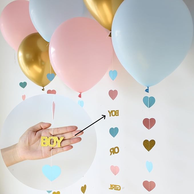 Boy or Girl Gender Reveal Decorations 6PC Pink Blue Gold Hear Garland Balloon Tails for Baby Shower Decor