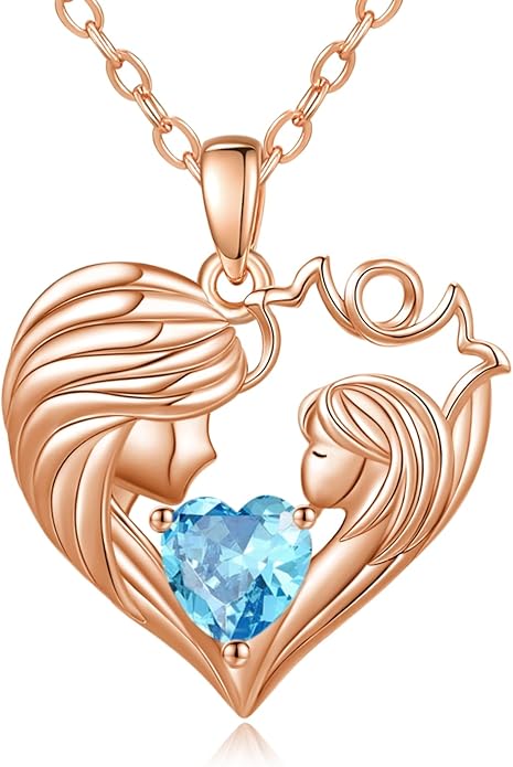 Mother and Daughter/Son Love Heart Necklace White Gold/14K Gold/Rose Gold Birthstone Jewelry Christmas Mothers Day Birthday Gifts For Mom Wife Grandma Women