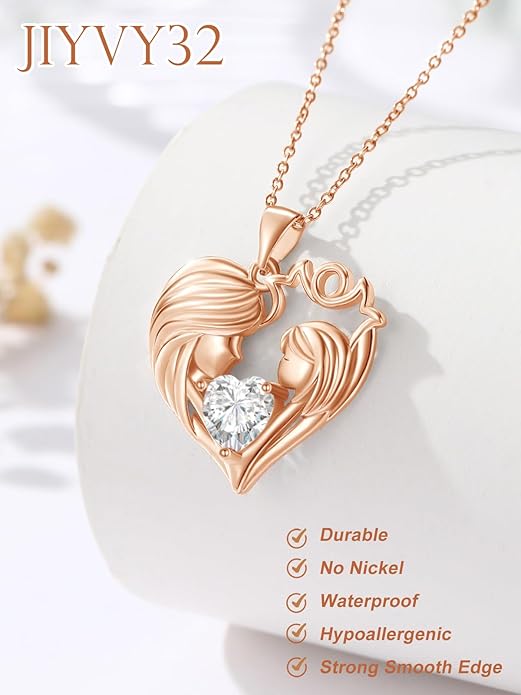 Mother and Daughter/Son Love Heart Necklace White Gold/14K Gold/Rose Gold Birthstone Jewelry Christmas Mothers Day Birthday Gifts For Mom Wife Grandma Women
