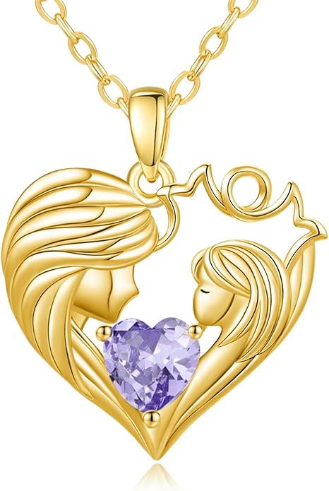 Mother and Daughter/Son Love Heart Necklace White Gold/14K Gold/Rose Gold Birthstone Jewelry Christmas Mothers Day Birthday Gifts For Mom Wife Grandma Women
