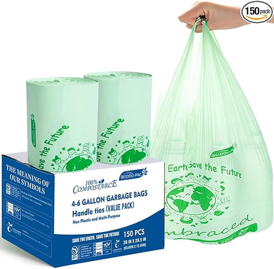BEIDOU-PAC 4-6 Gallon Compostable Trash Bags, 150 Count - Kitchen Trash Bags with Handle, Sturdy Biodegradable Garbage Bags for Food Scrap Waste, ASTM D6400, US BPI Certified