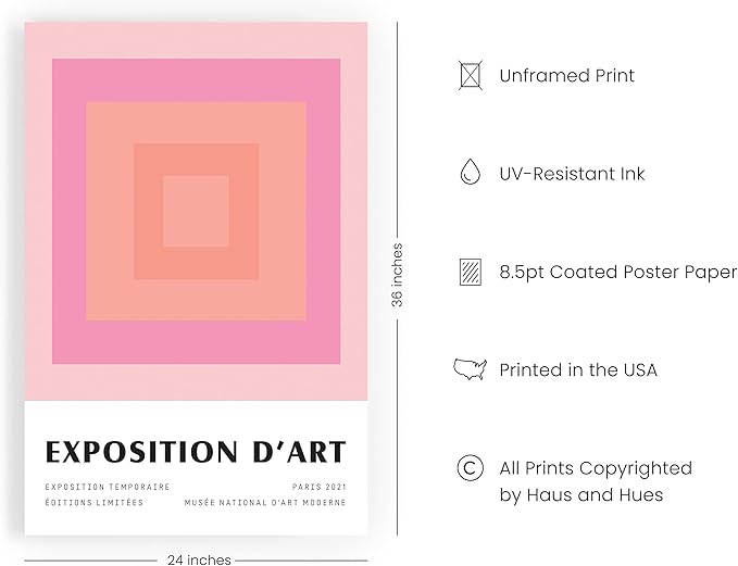 HAUS AND HUES Art Exhibition Poster, Danish Pastel Wall Art, Pink Aesthetic Prints, Geometric Decor (Unframed, 24" x 36")