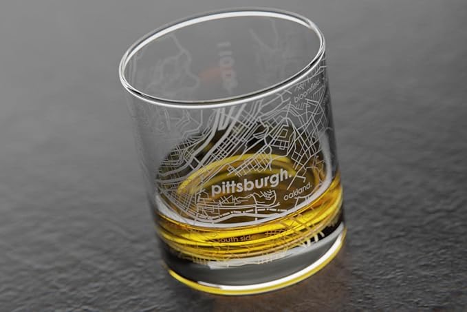 Well Told Engraved Pittsburgh Pennsylvania Map Rocks Glass, Old Fashioned Whiskey Glass (11 oz, Clear) Etched Whiskey Glass, Gifts For Whiskey Lovers