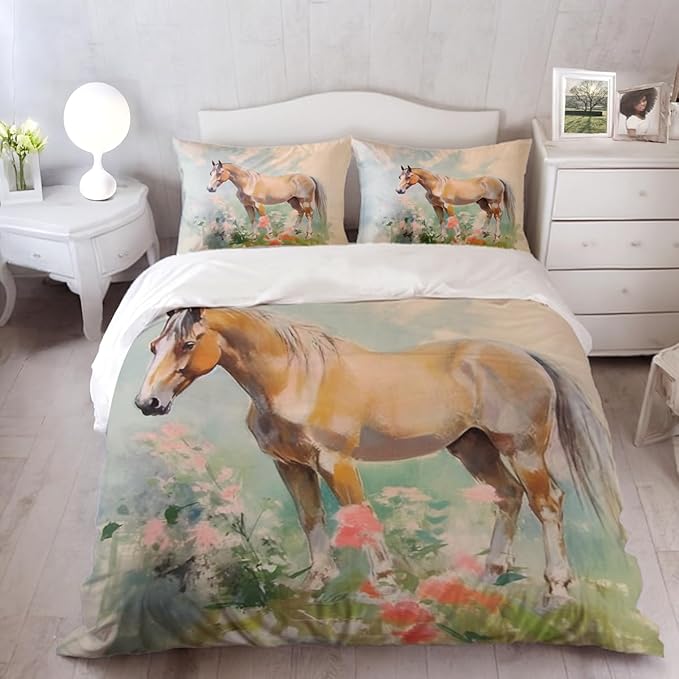 Girls Horse Comforter Sets Queen Size,Retro Floral Bedding Wild Animal Galloping Horse Quilt Sets for Kids Teens 3 Pieces Sets with Pillowcases Bedroom Decor