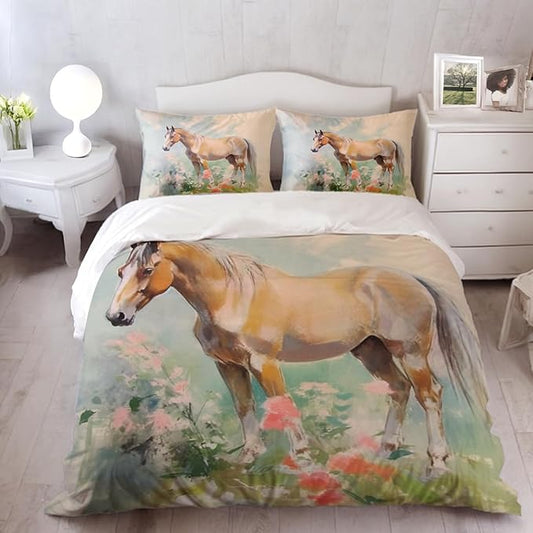 Girls Horse Comforter Sets Full Size,Retro Floral Bedding Wild Animal Galloping Horse Quilt Sets for Kids Teens 3 Pieces Sets with Pillowcases Bedroom Decor