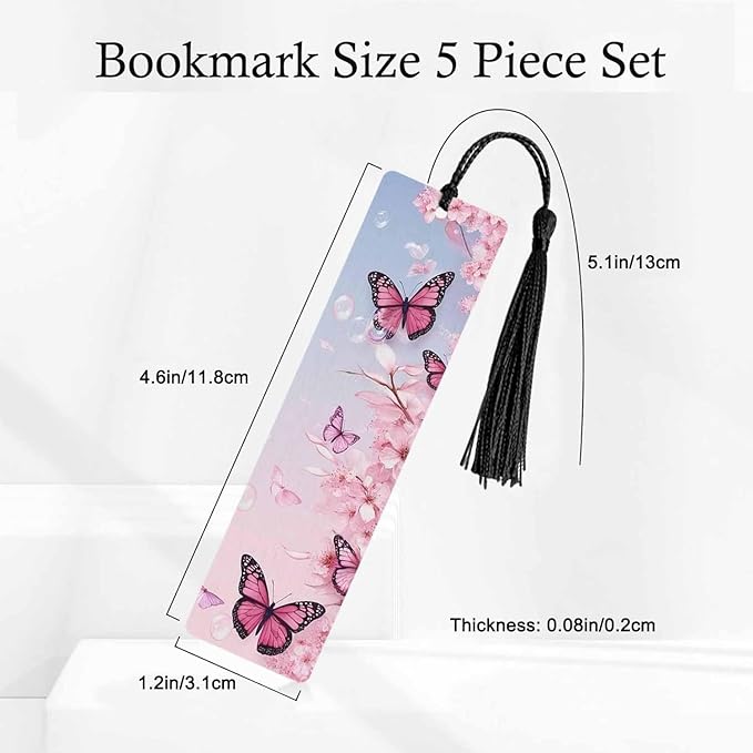Cherry Blossoms Bookmarks 5 Pcs with Tassels Pink Butterflies Wooden Bookmarks for Reading Women Students Teacher Reader
