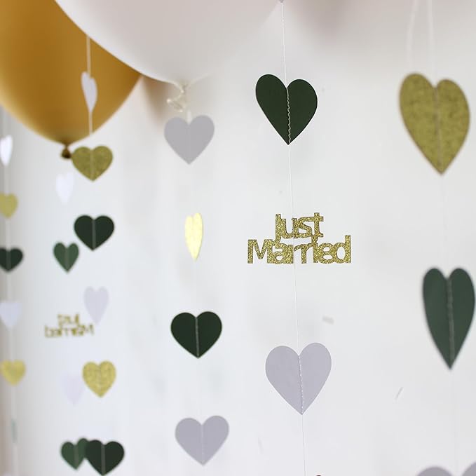 Sage Green Just Married Wedding Party Decorations Gold/Green/White Heart Just Married Garland and Balloons for Wedding Bridal Shower Party